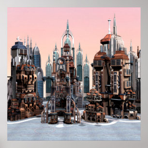 Futuristische Fantasy-Stadt Sci-Fi-Skyline-Kunst Poster
