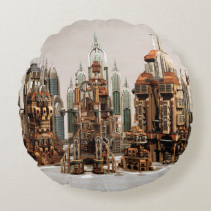 Futuristische Fantasy-Stadt Sci-Fi-Skyline-Kunst Rundes Kissen