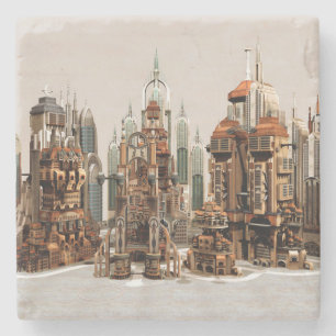 Futuristische Fantasy-Stadt Sci-Fi-Skyline-Kunst Steinuntersetzer