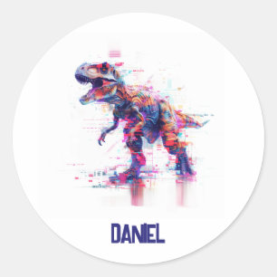 Futuristische Glitch T-Rex Dinosaurier mit Kindern Runder Aufkleber
