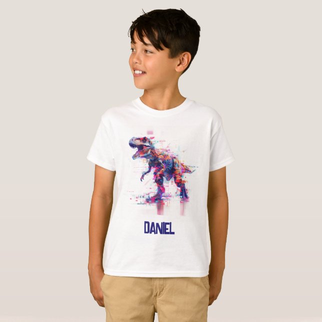 Futuristische Glitch T-Rex Dinosaurier mit Kindern T-Shirt (Vorne ganz)