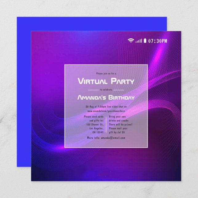 Futuristische Glow Virtual Birthday Party Einladung (Vorne/Hinten)