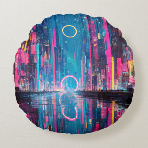 Futuristische lebendige Neon-Nacht-Stadtlandschaft Rundes Kissen