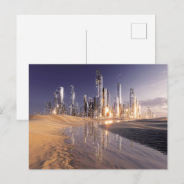 Futuristische Sci-Fi-Stadt, gespiegelt in Wüstensa Postkarte