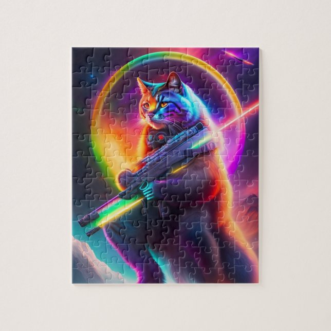 Futuristische Sci-Fi Warrior Neon Cat mit Laser. K Puzzle (Vertikal)