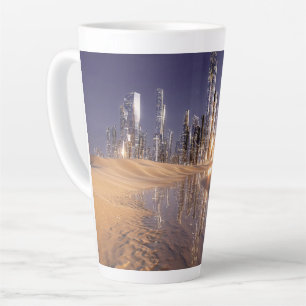 Futuristische Science-Fiction-Stadt, gespiegelt in Milchtasse