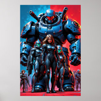 Futuristische Soldaten und gepanzerter Roboter in  Poster