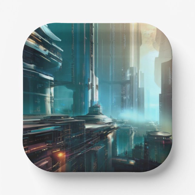 Futuristische Stadt 3 Pappteller (Vorderseite)