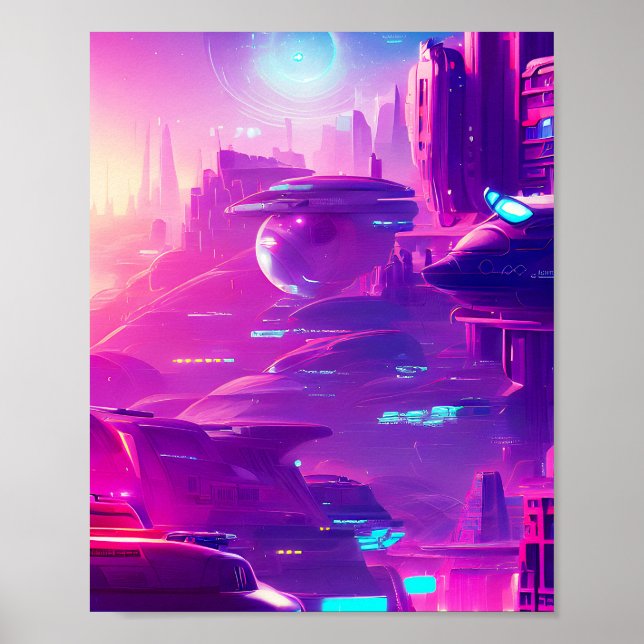 Futuristische Stadt im Neonlicht Poster (Vorne)