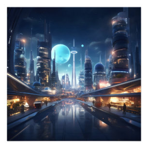 Futuristische Stadt in der Nacht Fotodruck