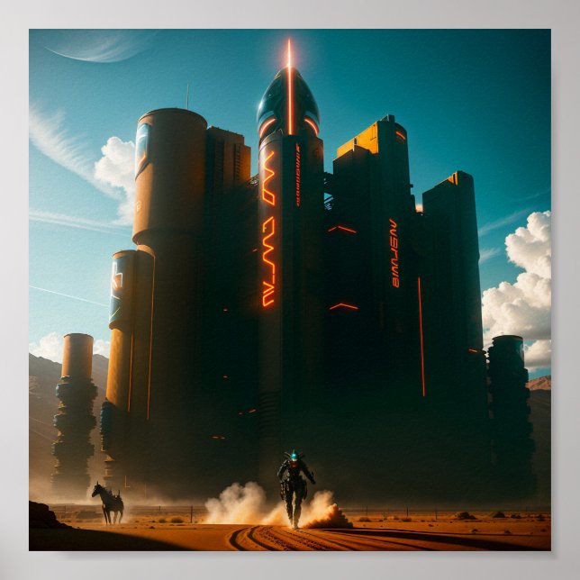 Futuristische Stadt in der Wüste Poster (Vorne)