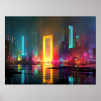 Futuristische Stadt mit strahlendem Neonenportal