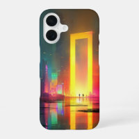 Futuristische Stadt mit strahlendem Neonportal
