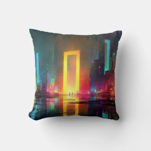 Futuristische Stadt mit strahlendem Neonportal Kissen