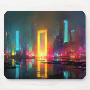 Futuristische Stadt mit strahlendem Neonportal Mousepad