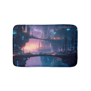 Futuristische Stadtlandschaft bei Dämmerung Badematte