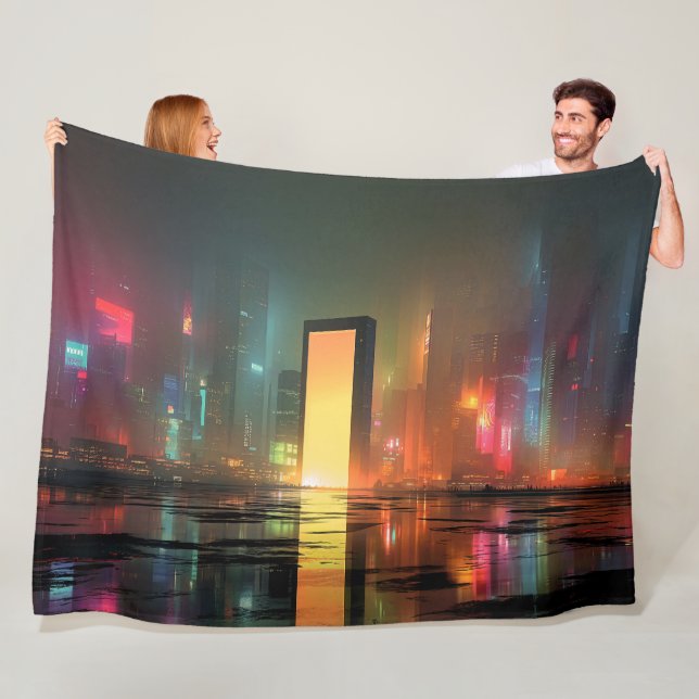 Futuristische Stadtlandschaft mit Neonreflexionen Fleecedecke (Beispiel)