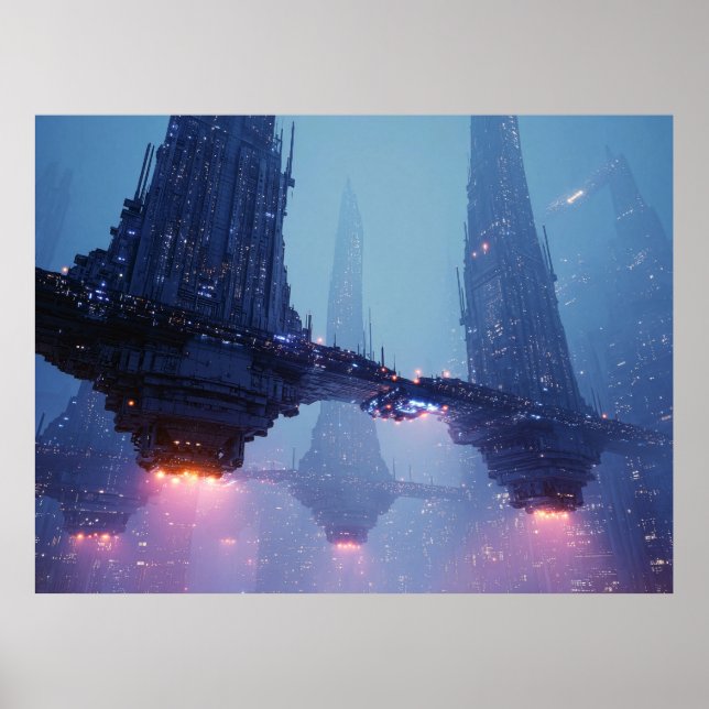 Futuristische Stadtlandschaft mit schwebenden Stru Poster (Vorne)