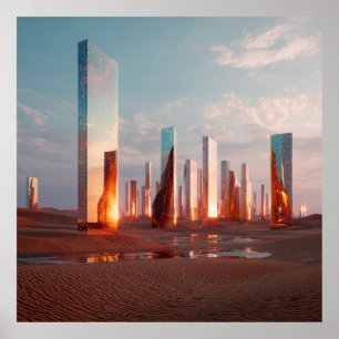 Futuristische surrealistische Spiegel-Türme in der Poster