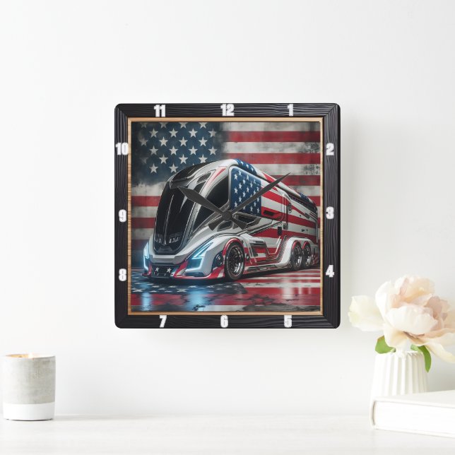 Futuristische Truck Patriotic American Flag Quadratische Wanduhr (Zuhause)