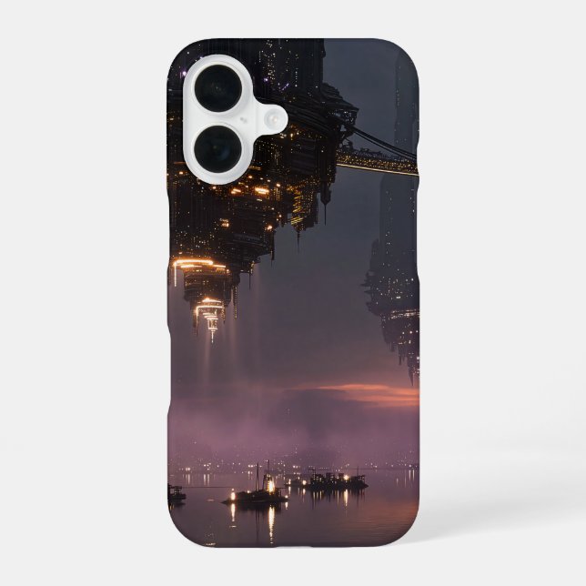 Futuristische Türme über dem Hafen schweben iPhone 16 Hülle (Rückseite)