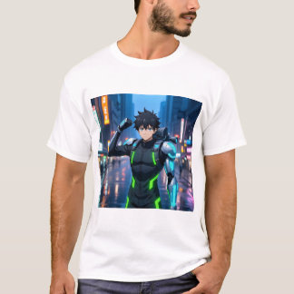 Futuristischer Anime-Cyborg-Junge in Neonstadt – S T-Shirt