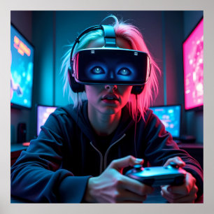 Futuristischer Cyber-Gamer mit AR Visor AI Poster