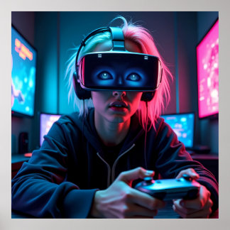 Futuristischer Cyber-Gamer mit AR Visor AI Poster