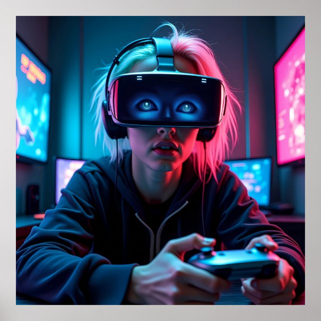 Futuristischer Cyber-Gamer mit AR Visor AI Poster (Vorne)