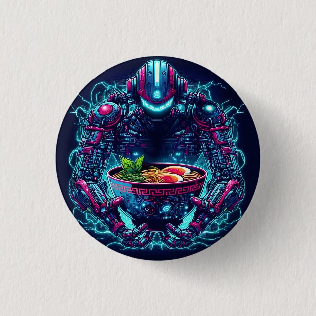 Futuristischer Cyberpunk-Roboter Neon Food Ramen Button (Vorderseite)