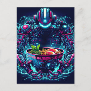 Futuristischer Cyberpunk-Roboter Neon Food Ramen Feiertagspostkarte
