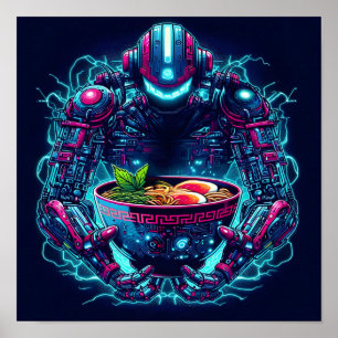 Futuristischer Cyberpunk-Roboter Neon Food Ramen Poster