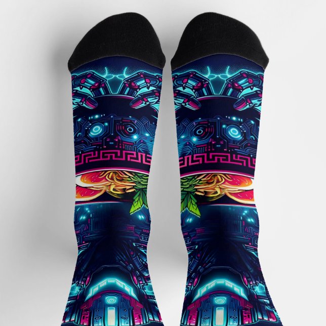 Futuristischer Cyberpunk-Roboter Neon Food Ramen Socken (Oben)