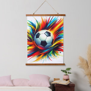 Futuristischer Fußball Splash Soccer Ball Abstrakt Wandteppich Mit Holzrahmen