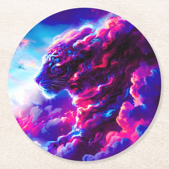 Futuristischer kosmischer Neon-Leopard  Runder Pappuntersetzer (Vorderseite)