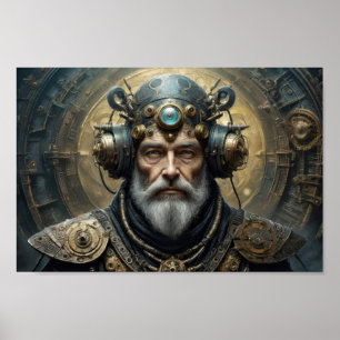 Futuristischer Mann, Steampunk-Rüstung und Psycho- Poster