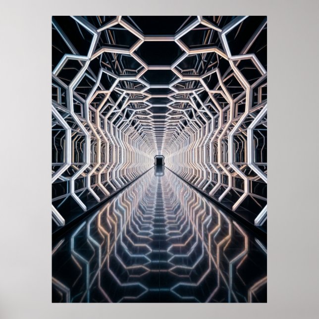 Futuristischer Neon-Hex-Tunnel Poster (Vorne)