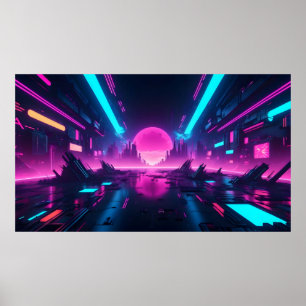 Futuristischer Neon Vaporwave Stadt Horizont Synth Poster