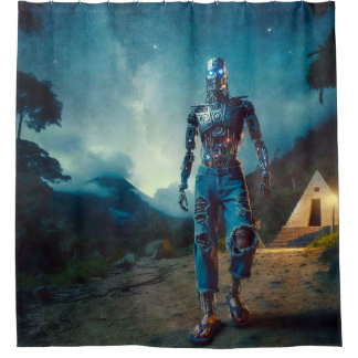 Futuristischer Roboter in antiker Landschaft Duschvorhang