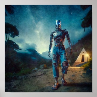 Futuristischer Roboter in antiker Landschaft Poster