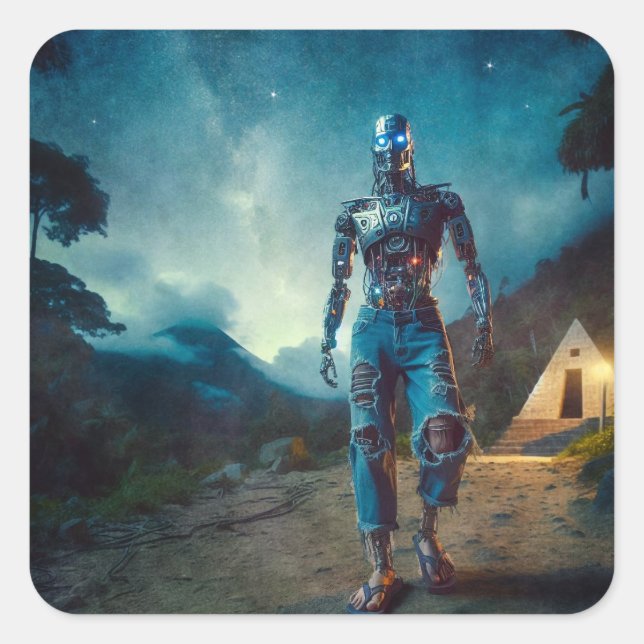 Futuristischer Roboter in antiker Landschaft Quadratischer Aufkleber (Vorderseite)