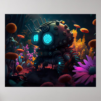 Futuristischer Roboter, umgeben von Blume Poster