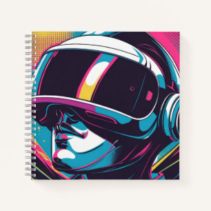 Futuristisches Charakterporträt mit VR-Brille Notizbuch