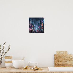 Futuristisches Cyberpunk-Stadt Neon-Nachtplakat Poster