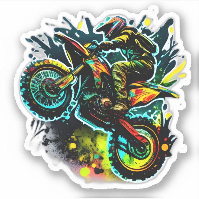 Futuristisches Dirt Bike, Neon Motocross Abfahrt R Aufkleber (Vorderseite)