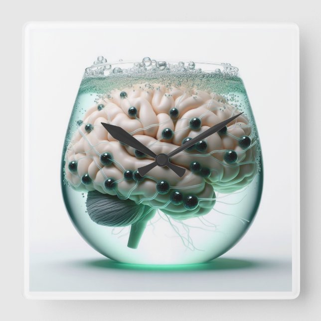 Futuristisches Gehirn in der Glaswand Quadratische Wanduhr (Vorderseite)