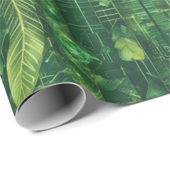 Futuristisches grünes Blattmuster Geschenkpapier (Rolleneckpunkt)