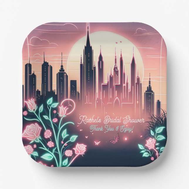 Futuristisches Neon-Brautparty für elektrische Ros Pappteller (Vorderseite)