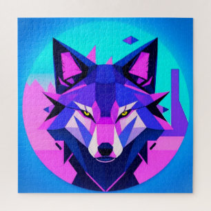 Futuristisches Neon Wolf-Gesicht in geometrischer Puzzle