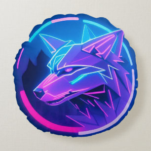 Futuristisches Neon Wolf-Gesicht in geometrischer Rundes Kissen